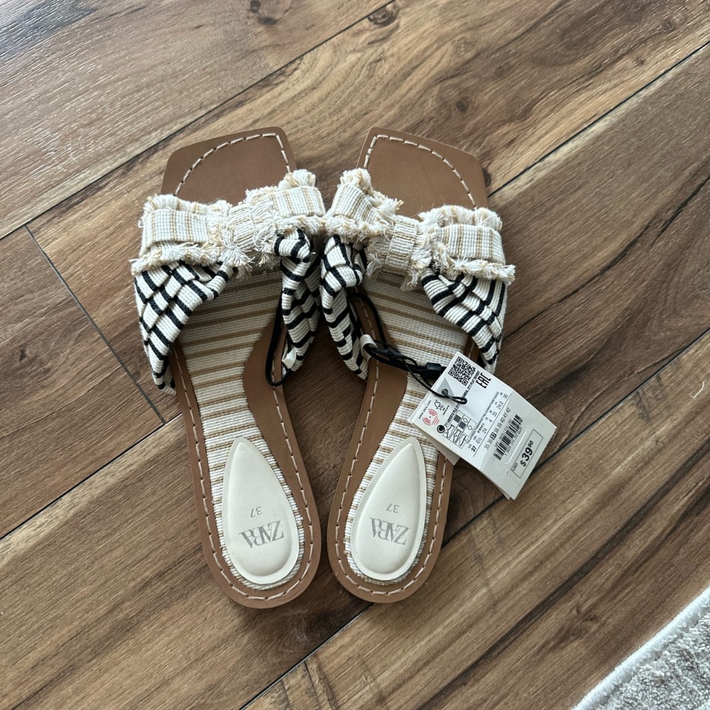 Zara Black & Cream Knotted Stripe Slide Sandals